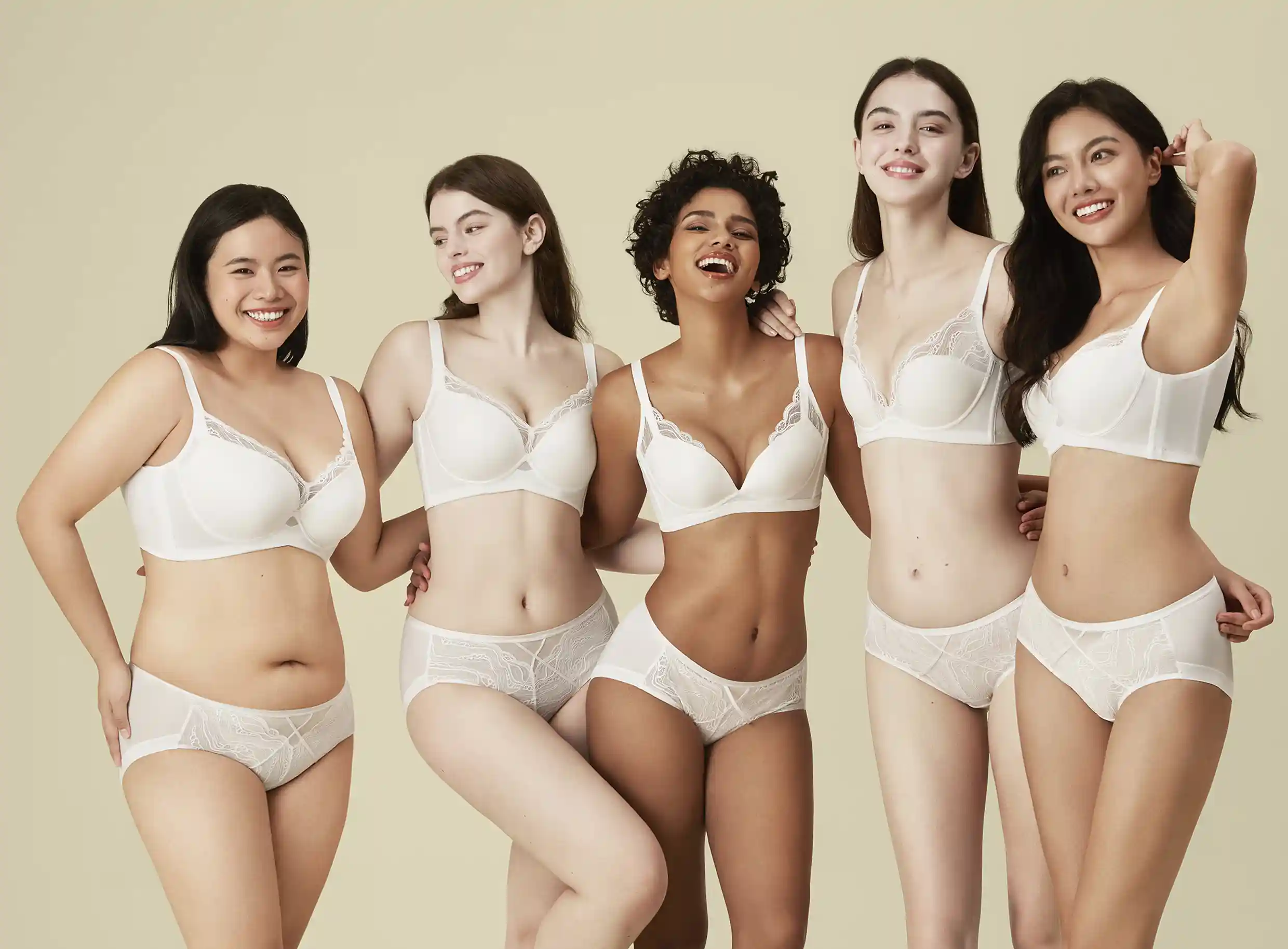 Five girls of different ethnicities wearing white everyday underwear, smiling joyfully at the camera, representing comfort and inclusivity in undergarment fashion.