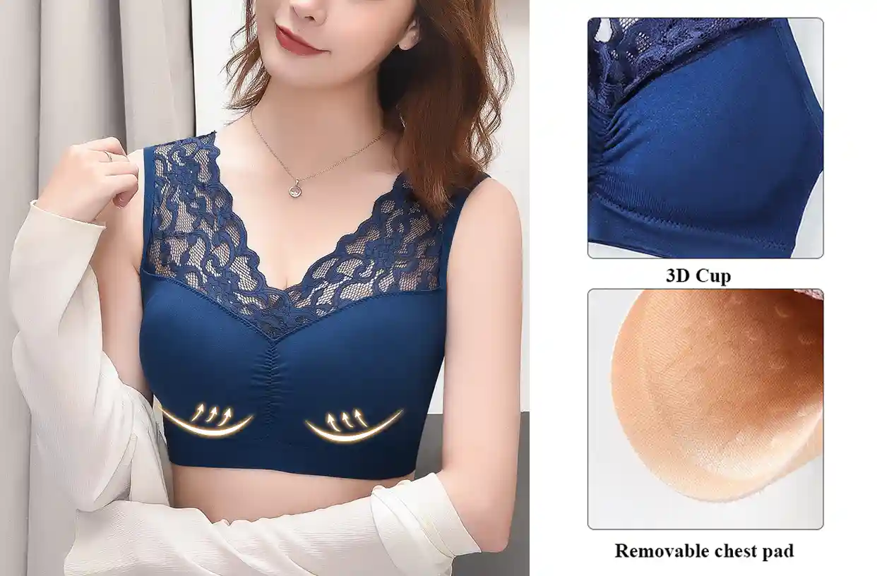 Sexy Lace Bra Wireless TShirt Bra08 zoralinkcom Woman in navy blue lace bra showcasing full coverage 3D Massage Pad with arrows indicating bust lift and shaping removable chest pad for added comfort and support