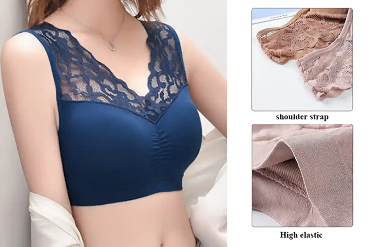 Sexy Lace Bra Wireless TShirt Bra093 zoralinkcom Woman in navy blue lace bra showcasing full coverage design with high elastic shoulder straps and breathable fabric Delicate lace detailing adds a seductive touch