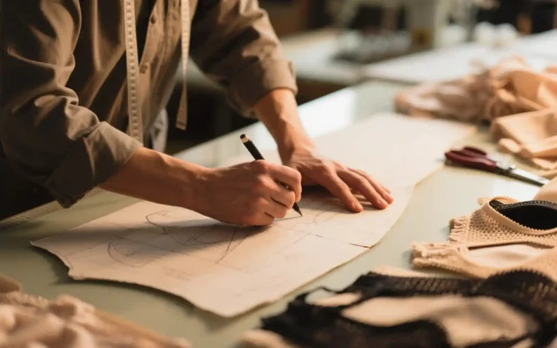 首页Zoralinks Lingerie Production Process01 zoralinkcom Designer working on lingerie pattern at workstation expert OEM lingerie manufacturer