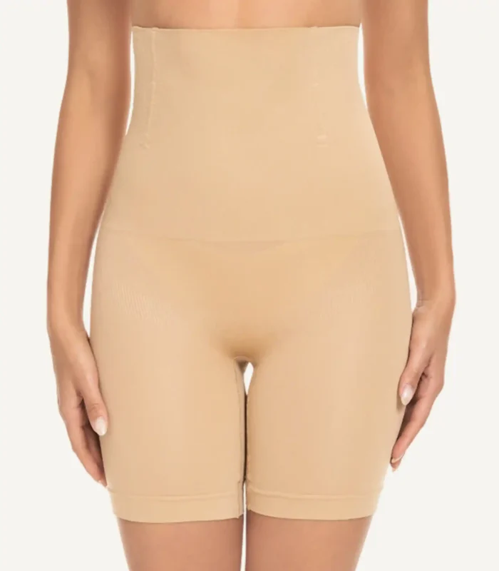 Shapewear briefs with seamless edges and targeted compression for smooth curves, showcased in dynamic poses