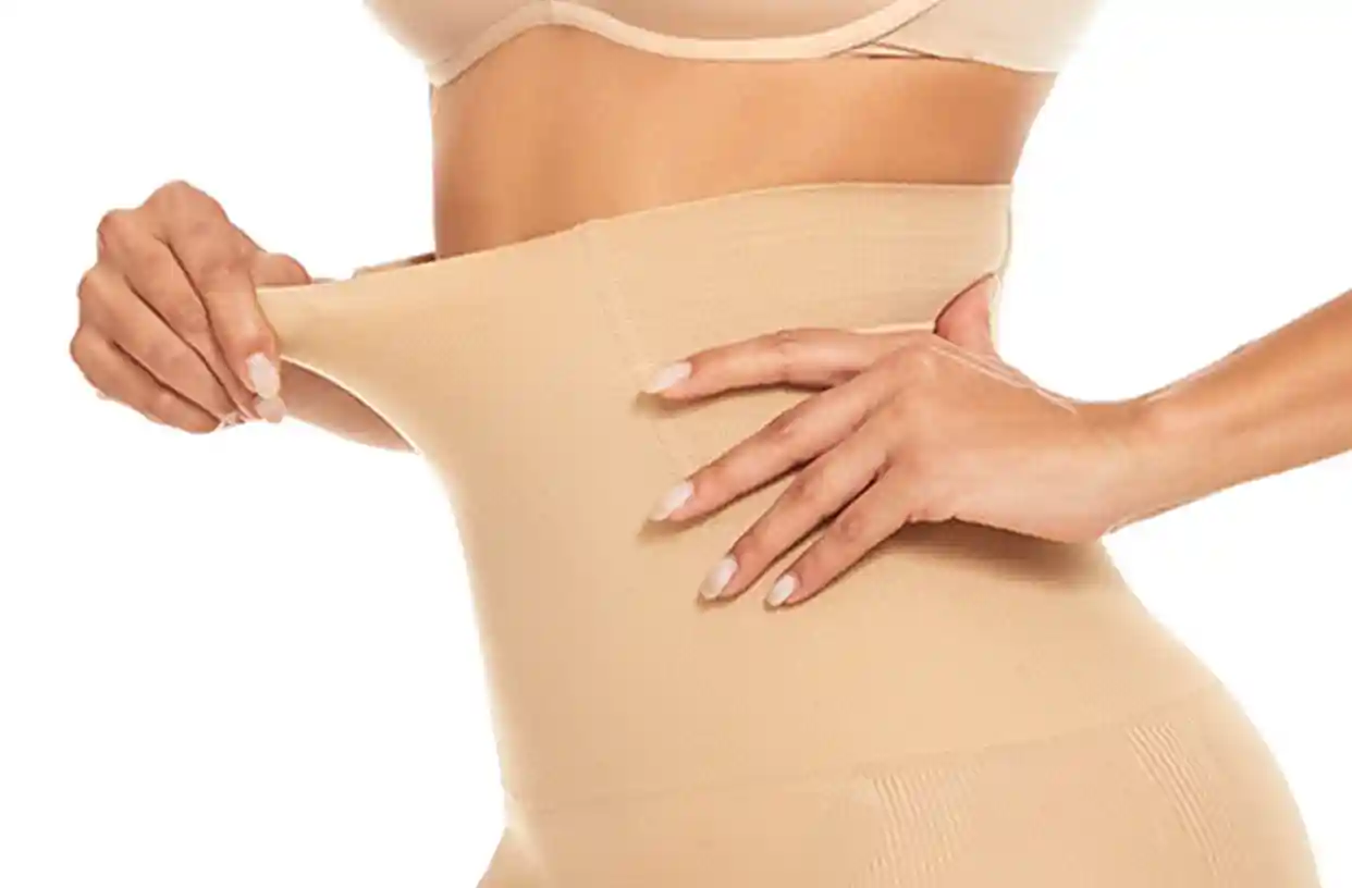 HighWaist Shapewear for Tummy Control Postpartum Supportwebp07 zoralinkcom Female model demonstrates adjustable waistband flexibility of sculpting shapewear underwear with both hands