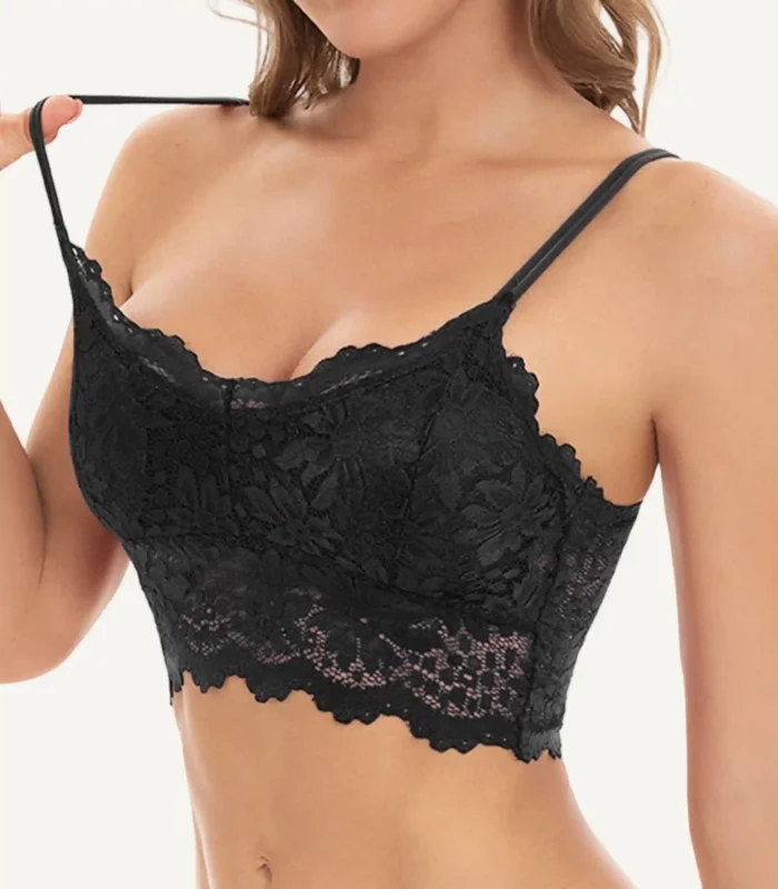Black wireless seamless lace bra with side view and adjustable straps, showcasing breathable fabric and comfortable fit
