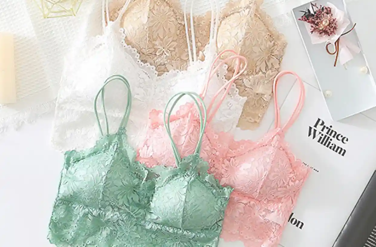 Multiple color options for lace bras, showcasing various hues and styles in a seamless design