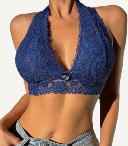 Stylish blue halter lace bra with soft, wireless design and seamless lace details.