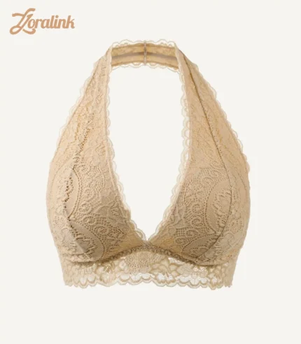 Beige halter lace bra with soft, wireless and seamless lace detailing
