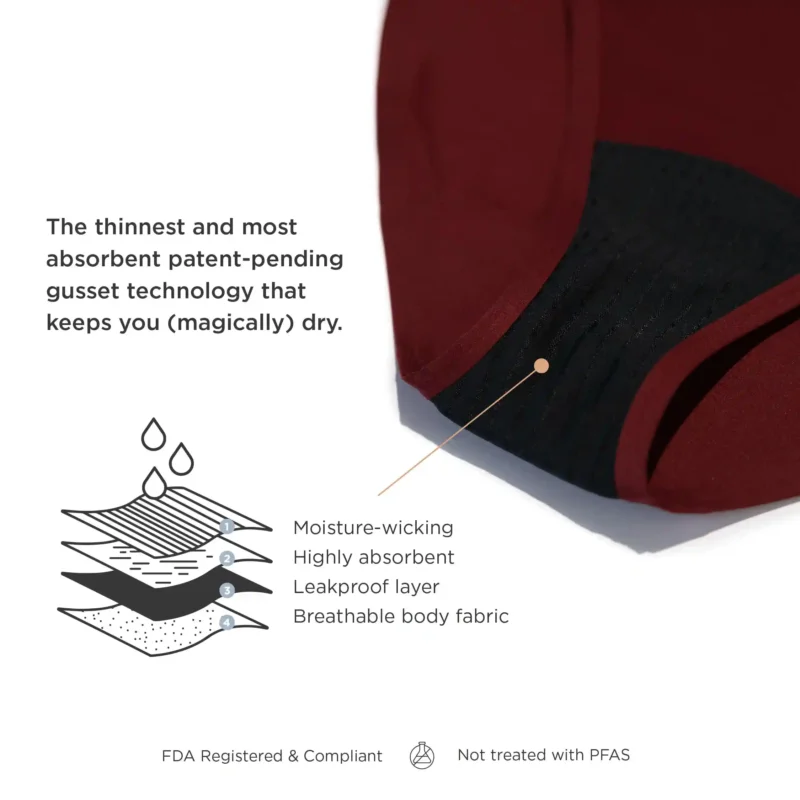 Reusable period panties with patented spray-tech for ultra-thin absorbency; moisture-lock barrier & breathable fabric keep you magically dry