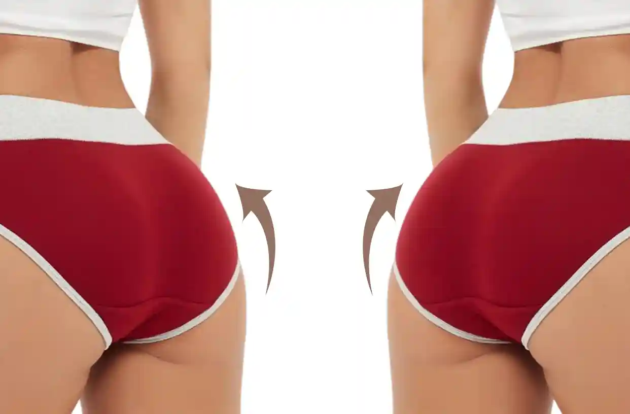 Model in full coverage underwear showcasing lifted and rounded buttocks with arrow indicators highlighting the upward sculpting effect