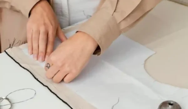 A person in a tan shirt working on a white fabric pattern, with sewing tools like scissors and a thimble nearby, demonstrating the cut and sew process for underwear or garment making.