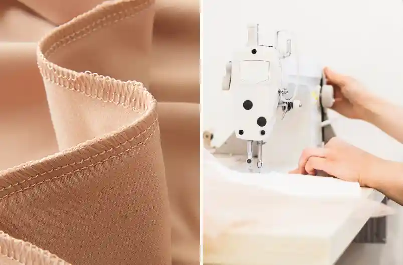 Our Cut and Sew Underwear Manufacturing Service03 zoralinkcom A split image showing a close up of beige fabric with detailed stitching on the left and hands operating a sewing machine on the right highlighting the cut and sew techniques used in underwear manufacturing