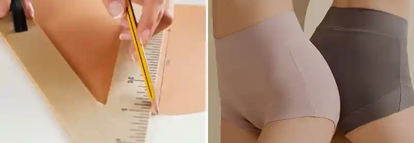 Our Cut and Sew Underwear Manufacturing Service04 zoralinkcom A split image with a hand using a ruler and pencil to mark a paper pattern on the left and two pairs of finished underwear in beige and gray on the right showcasing the cut and sew process for underwear production