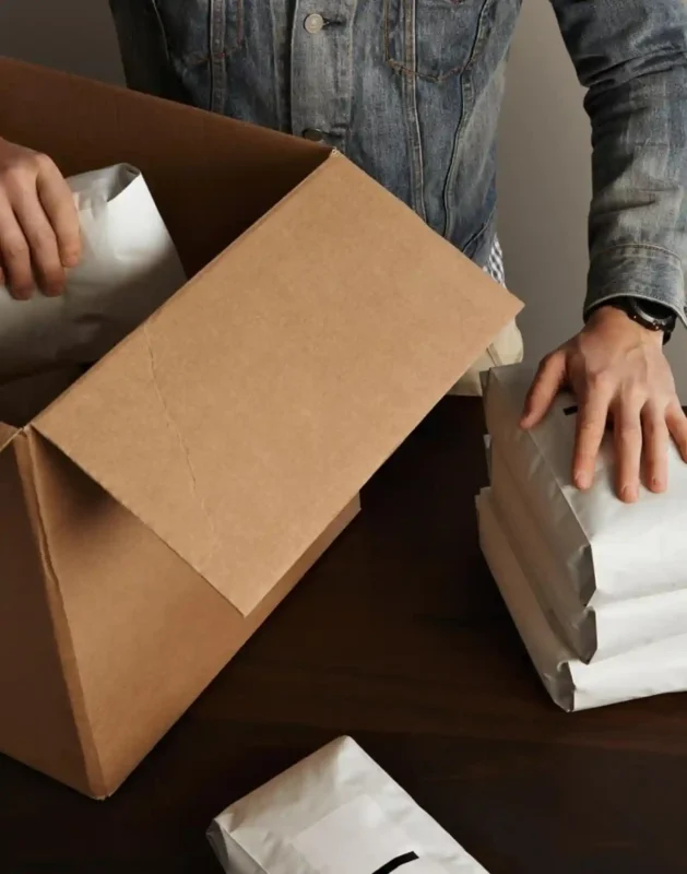 Our Journey Towards EcoFriendly Biodegradable Recyclable Packaging02 zoralinkcom A person in a denim jacket packing items into a cardboard box with paper wrapped parcels around demonstrating sustainable packaging practices as part of our supply chain sustainability initiative
