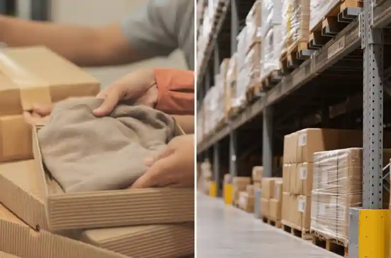 Our Journey Towards EcoFriendly Biodegradable Recyclable Packaging03 zoralinkcom A split image showing hands packing a piece of clothing into a cardboard box on the left and a warehouse filled with neatly arranged boxes on the right reflecting efficient and sustainable practices within our supply chain sustainability framework