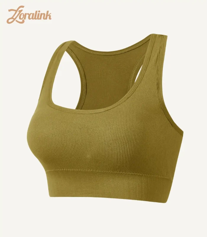 An olive green seamless sports bra with a ribbed texture and racerback design made from stretchy material for comfort and support