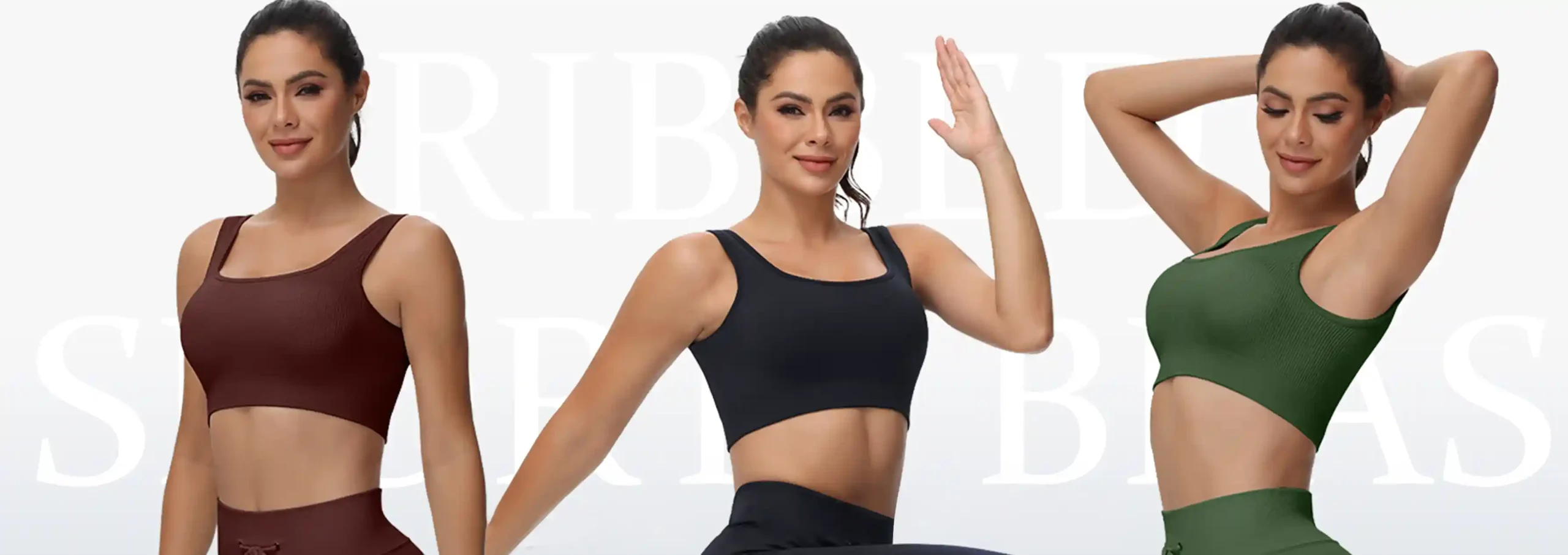 Ribbed Sports Bras Wireless Lightweight Stretchy10 zoralinkcom Three individuals showcasing ribbed seamless sports bras in brown black and green highlighting their stretchy and comfortable design