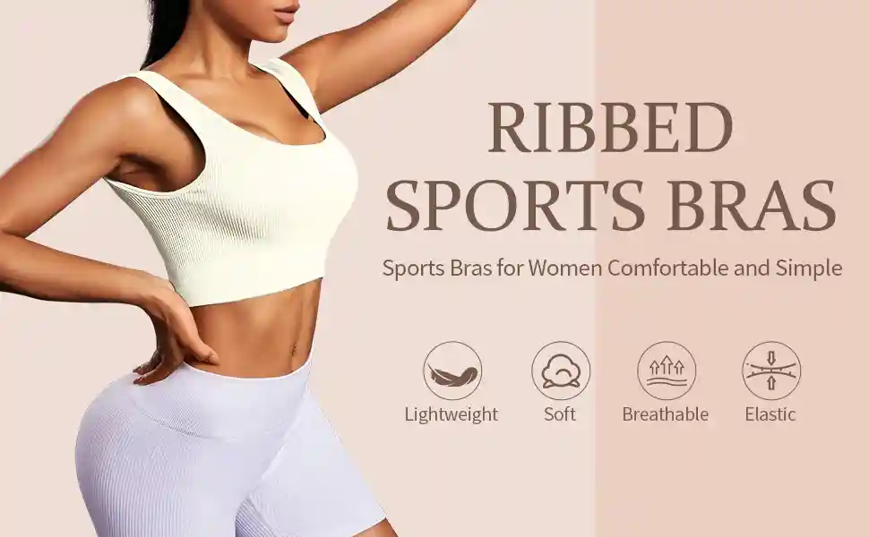 Ribbed Sports Bras Wireless Lightweight Stretchy11 zoralinkcom A person wearing a ribbed seamless sports bra and light colored leggings The text highlights the sports bras as comfortable and simple with icons and labels emphasizing their lightweight soft breathable and elastic qualities