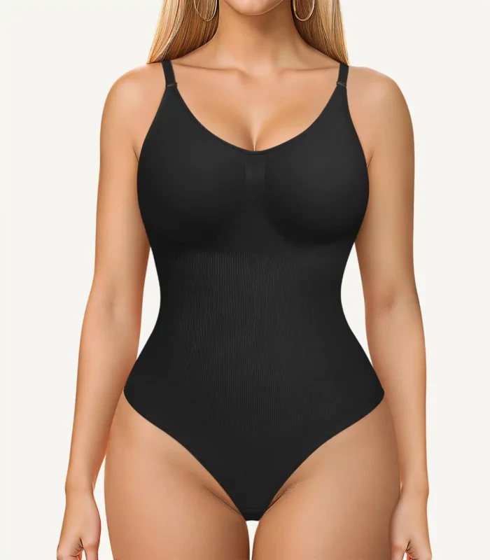 Black seamless bodysuit as shapewear with tummy control function for body shaping.