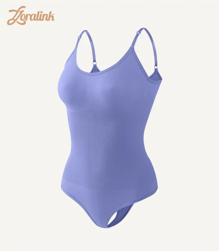 Light purple seamless bodysuit as shapewear with tummy control function for body shaping featuring thin shoulder straps waist texture and designed to be thin one piece and wearable outside