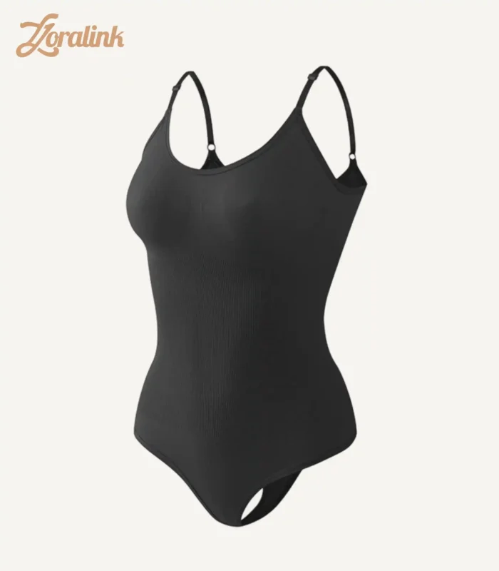 Black seamless bodysuit as shapewear with tummy control function for body shaping featuring thin shoulder straps and waist texture suitable for wearing under outerwear to enhance body posture