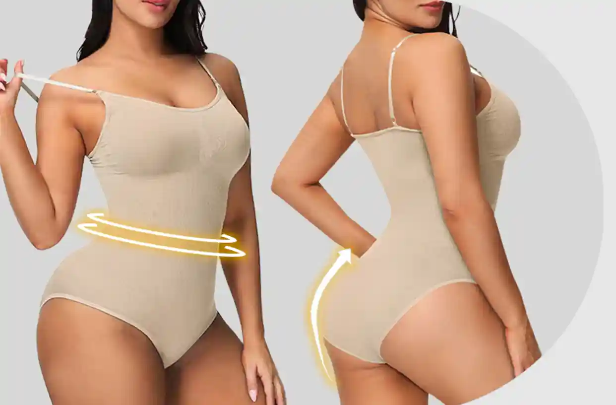 Seamless Bodysuit Shapewear Tummy Control Butt Lift11 zoralinkcom Beige seamless bodysuit with spaghetti straps demonstrating tummy control and hip lifting effects through light effects It combines comfort and shaping suitable as innerwear and for fitness