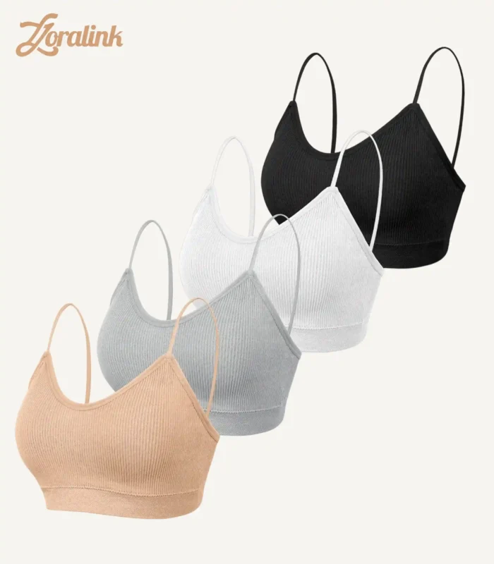 Four different colored everyday bras displayed together showcasing the variety of styles and the comfortable seamless design