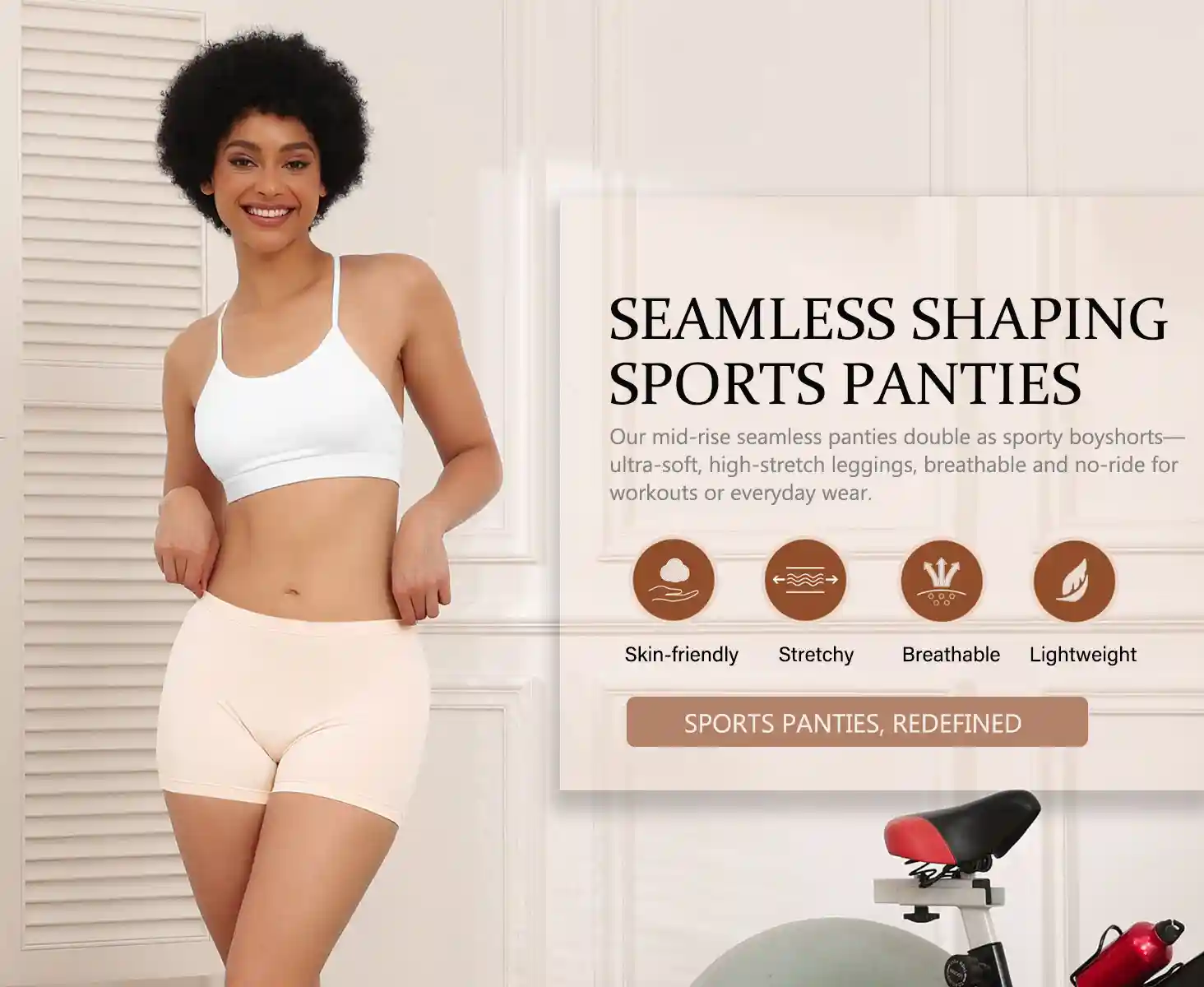 Seamless Shaping Sports Panties Soft Stretch Active Fit20 zoralinkcom A person wearing seamless shaping sports panties and a white sports bra The text highlights the panties as mid rise seamless ultra soft high stretch breathable and no ride suitable for workouts or daily wear Icons and labels emphasize their skin friendly stretchy breathable and lightweight qualities