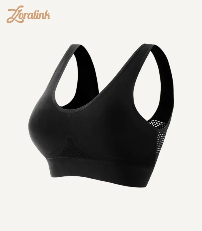 Black racerback sport bra with breathable mesh for comfortable exercise