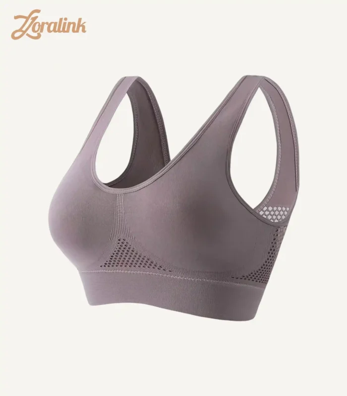Gray racerback sport bra with breathable mesh for comfortable exercise