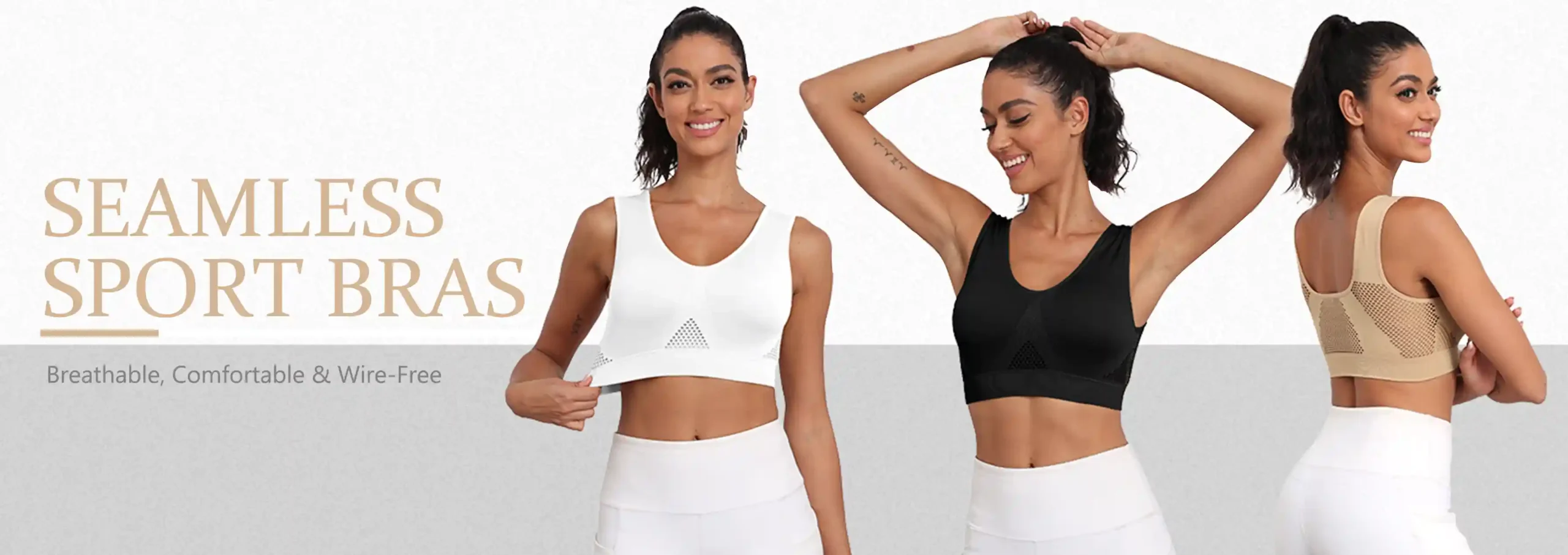 Seamless Sport Bras Breathable Comfortable WireFree06 zoralinkcom Promotional image of seamless sport bras in white black and beige emphasizing breathability comfort and being wire