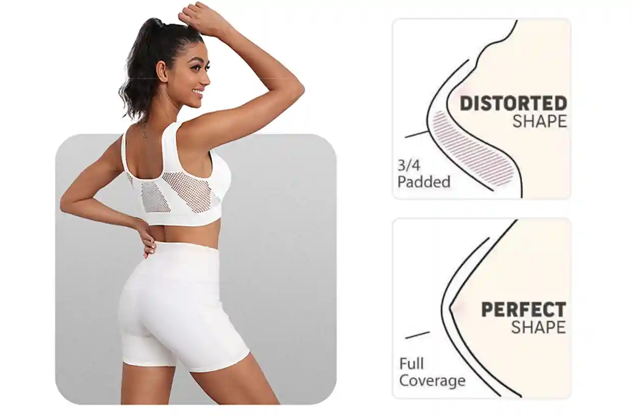 Seamless Sport Bras Breathable Comfortable WireFree07 zoralinkcom Woman in white sport bra and shorts with diagrams showing distorted vs perfect breast shape emphasizing bras coverage and shaping features