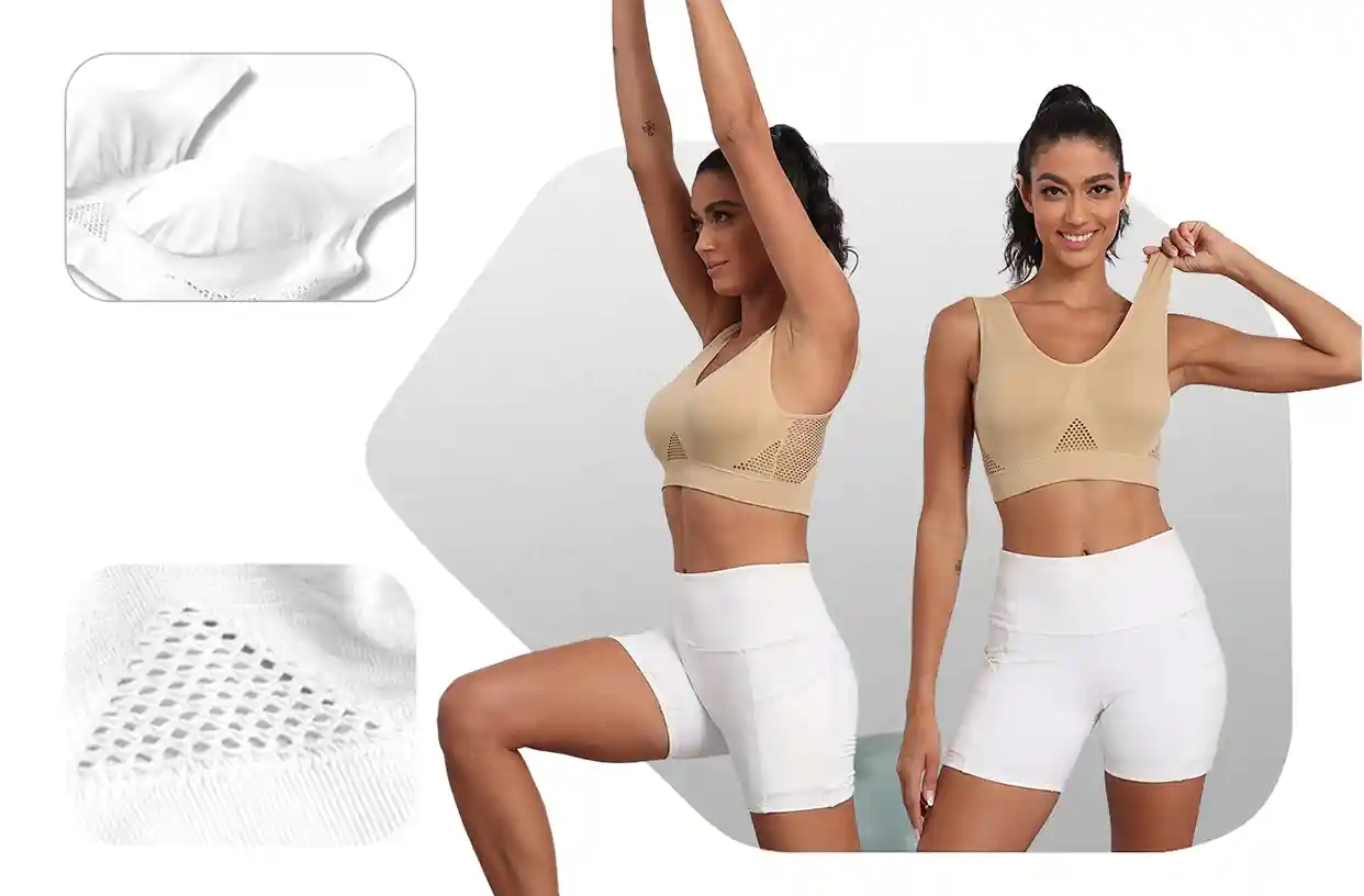 Seamless Sport Bras Breathable Comfortable WireFree08 zoralinkcom Beige sport bras with breathable mesh modeled by two women highlighting fabric details and fit