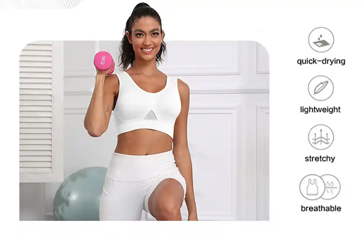 Seamless Sport Bras Breathable Comfortable WireFree09 zoralinkcom Woman in white sport bra demonstrating fitness with icons showing quick drying lightweight stretchy and breathable features