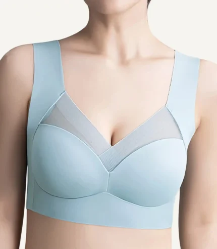 Female athlete demonstrating moisture wicking sport bras with 360° anatomical support during high impact movement