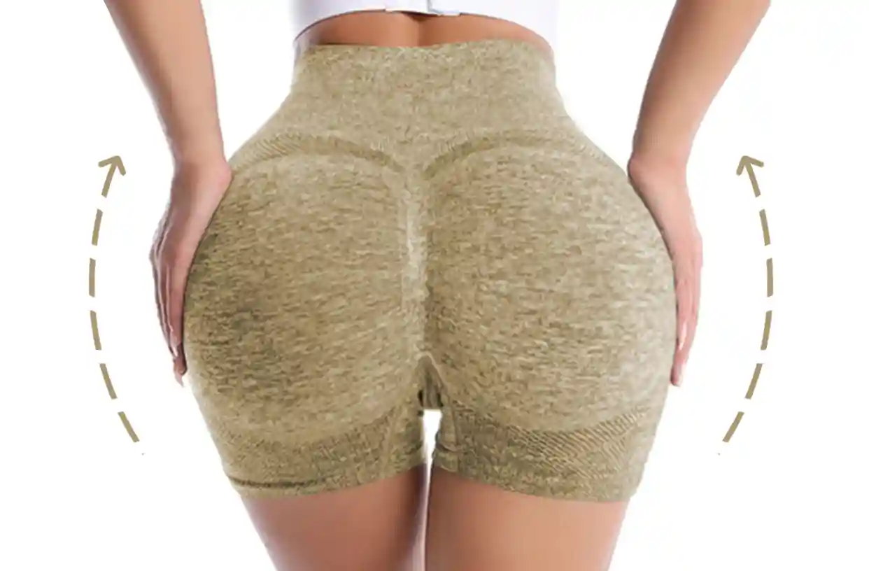 Seamless Sports Underwear HighWaist Butt Lifting Breathable12 zoralinkcom A person wearing seamless high waisted olive green sports underwear shorts with arrows indicating the butt lifting effect of the shorts
