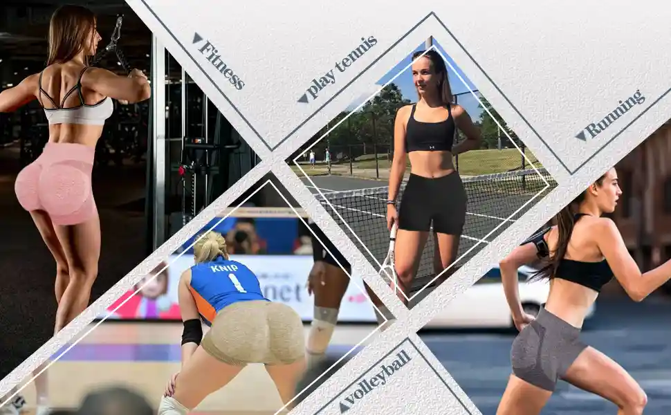 Seamless Sports Underwear HighWaist Butt Lifting Breathable14 zoralinkcom Collage of women wearing seamless sports underwear shorts engaged in various activities such as fitness playing tennis volleyball and running highlighting the shorts versatility