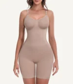 Beige seamless shapewear bodysuit with adjustable straps designed for comfort and body shaping
