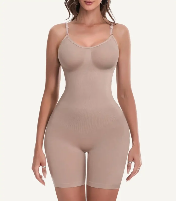 Beige seamless shapewear bodysuit with adjustable straps, designed for comfort and body - shaping.