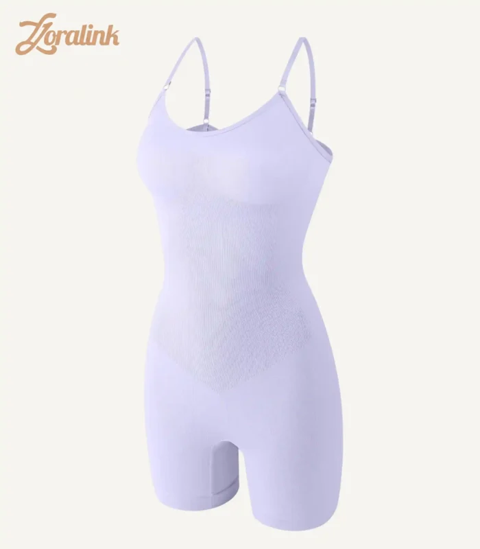 Light purple seamless shapewear bodysuit with adjustable straps offering comfort and effective body shaping for a sleek silhouette