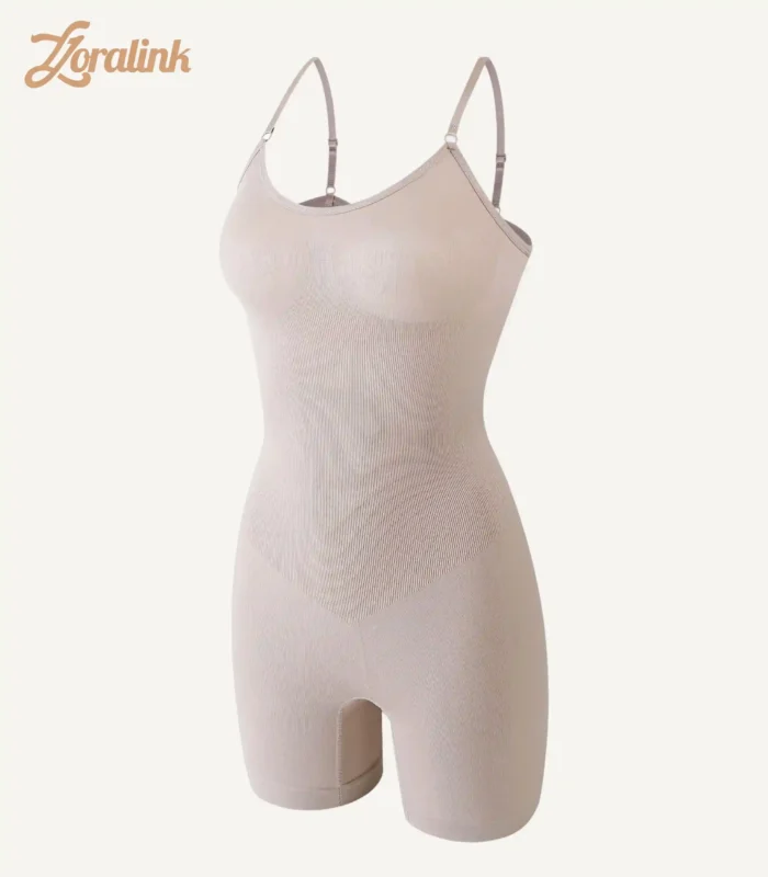 Nude - colored seamless shapewear bodysuit with adjustable straps, ensuring comfort while effectively shaping the body.