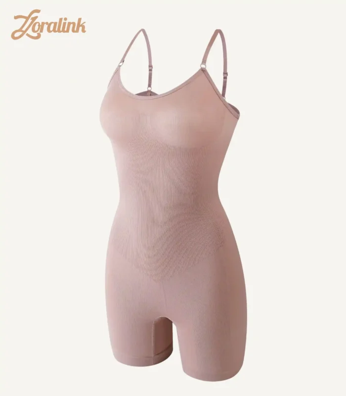 Light brown seamless shapewear bodysuit with adjustable straps offering comfort and enhancing body contours for a more streamlined look