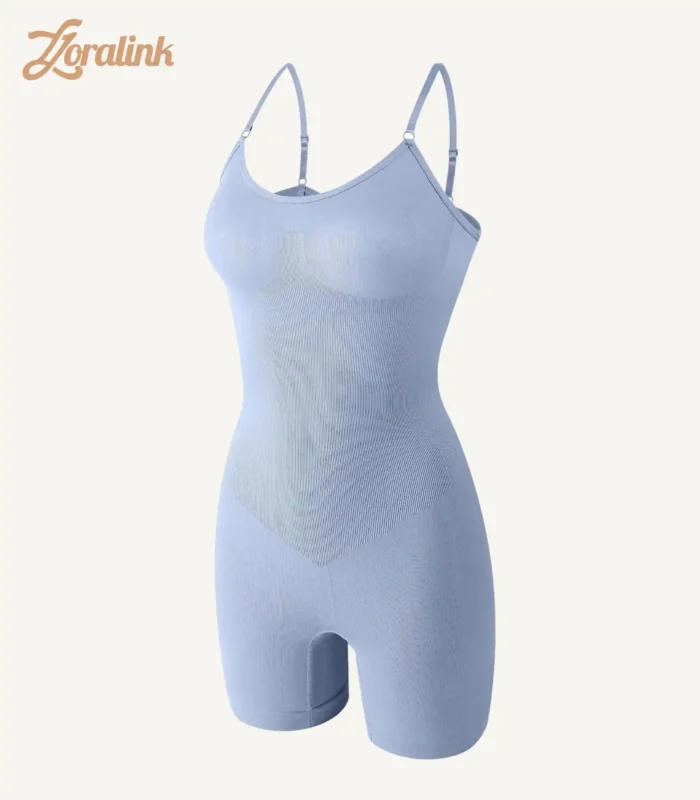 Light blue seamless shapewear bodysuit with adjustable straps ensuring comfort and offering effective body shaping for a flattering silhouette