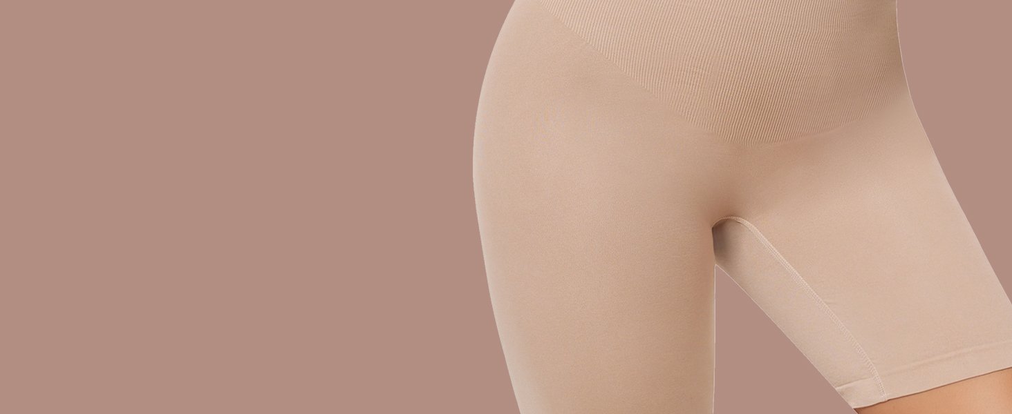 Close - up of the hip area of a nude - colored seamless shapewear, highlighting its smooth and comfortable design for body - shaping.