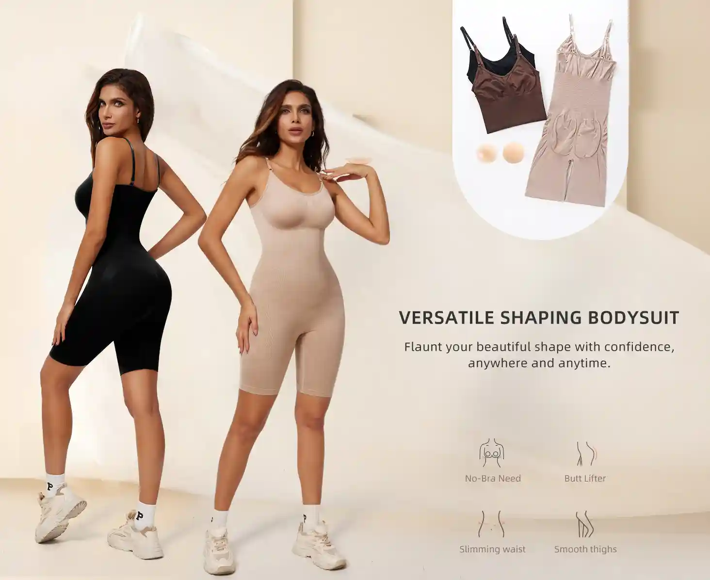 Shapewear Bodysuit Seamless Tummy Control14 zoralinkcom Advertisement for versatile shaping bodysuits in black and nude colors highlighting features like no bra need butt lifting waist slimming and smooth thigh design for confident wear