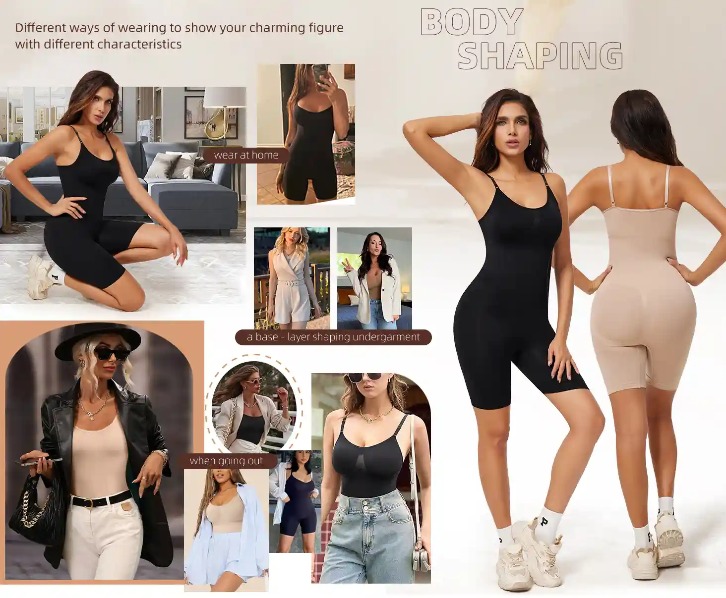 Shapewear Bodysuit Seamless Tummy Control151 zoralinkcom Collage showcasing various ways to wear seamless shapewear bodysuits for body shaping including at home as a base layer undergarment and for going out in black and nude colors
