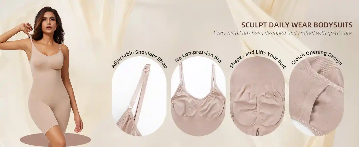 Shapewear Bodysuit Seamless Tummy Control16 zoralinkcom Infographic highlighting key features of sculpt daily wear shapewear bodysuits including adjustable shoulder straps no compression bra butt shaping and lifting design and crotch opening design