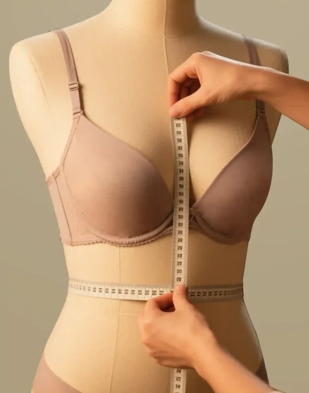 Small Batch Lingerie Suppliers021 zoralinkcom A mannequin dressed in a light beige lingerie bra with hands using a measuring tape to take measurements highlighting the precision and custom fitting services provided by lingerie suppliers
