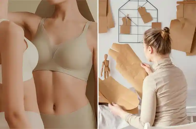 Small Batch Lingerie Suppliers03 zoralinkcom A person in a beige top examining paper patterns in a design workspace suggesting the custom design capabilities offered by lingerie suppliers