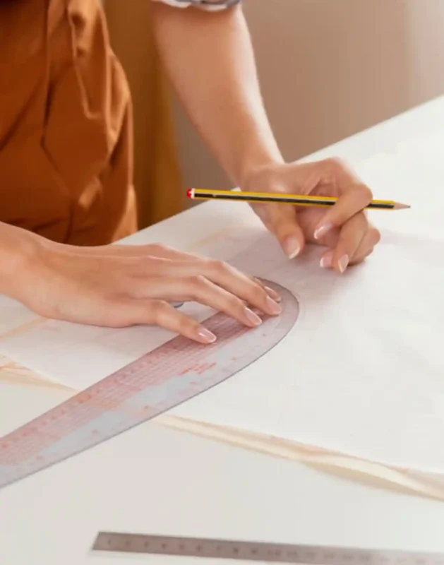 Small Batch Lingerie Suppliers05 zoralinkcom A person in an orange garment drafting a pattern on paper with a pencil and curved ruler showcasing the design process offered by lingerie suppliers