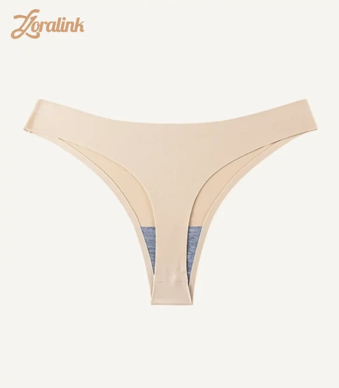 A beige sports thongs panties with a bonded finish and soft material designed for comfort during physical activities