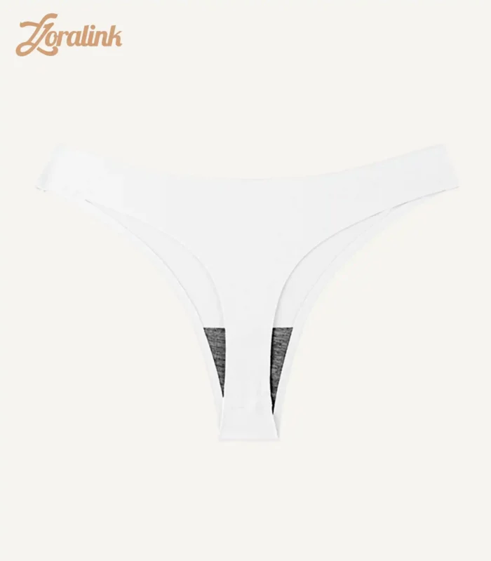A white sports thongs panties featuring a bonded design and soft fabric, ideal for sports and active lifestyles.